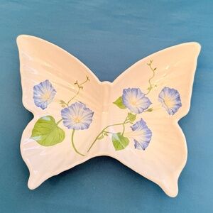 Butterfly Shaped Trinket Dish Tray with Blue Morning Glory Flowers From Japan